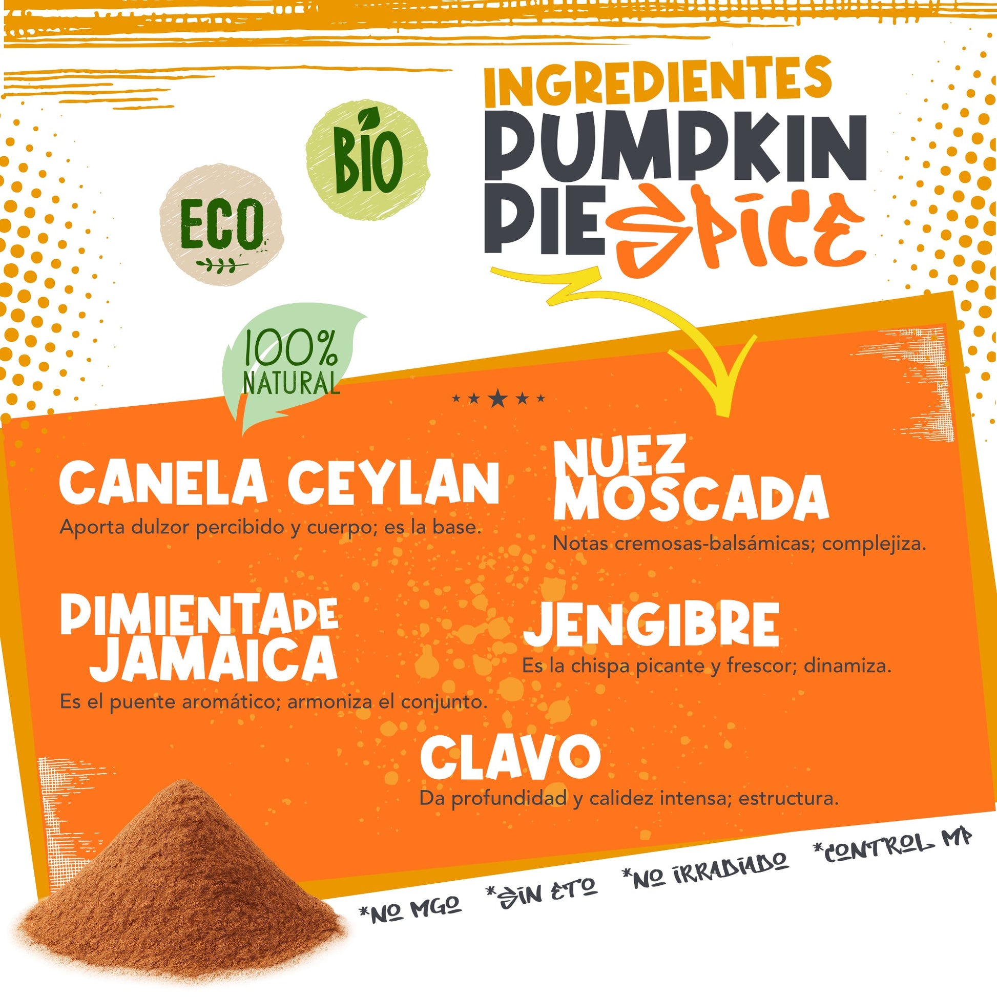 Ingredientes de Pumpkin Pie Spice: canela, jengibre, nuez moscada, clavo y pimienta de Jamaica