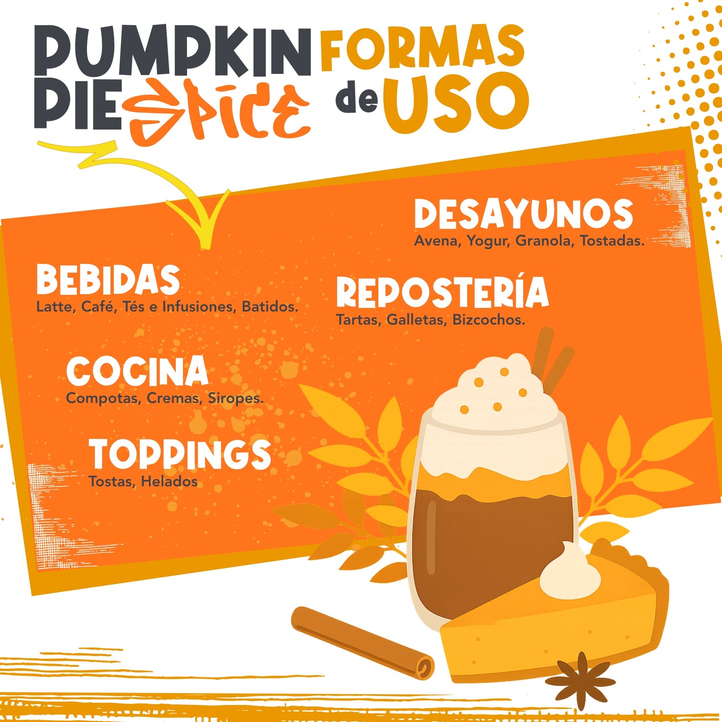 Sugerencia de uso de Pumpkin Pie Spice en cucharadas para bebidas y repostería