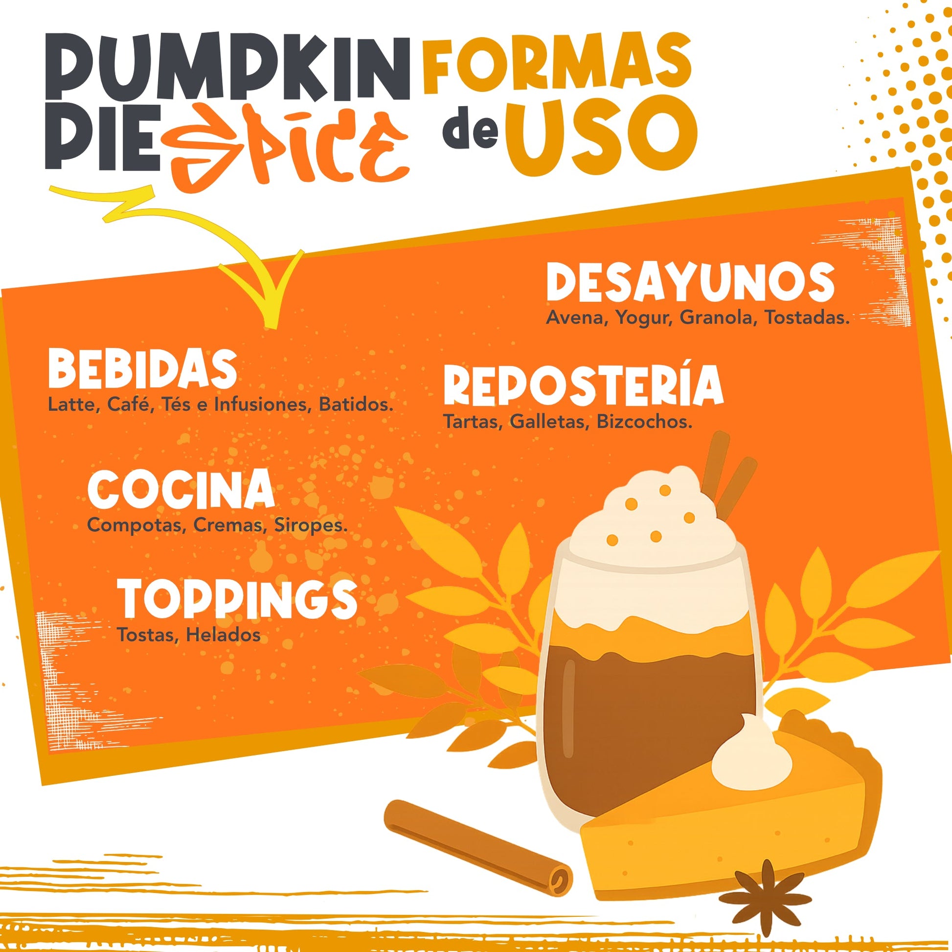 Sugerencia de uso de Pumpkin Pie Spice en cucharadas para bebidas y repostería