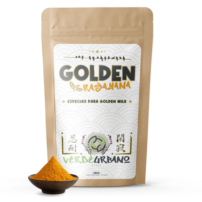 Golden Rasayana mezcla de especias para Golden Milk con cúrcuma Lakadong, jengibre, canela de Ceilán y cardamomo